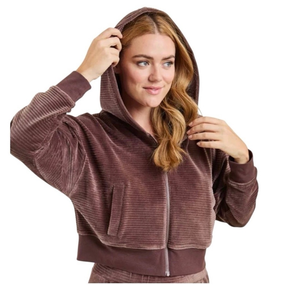 Nuuds Full Zip Ribbed Cropped Hoodie Chocolate Brown‎ Size  Medium